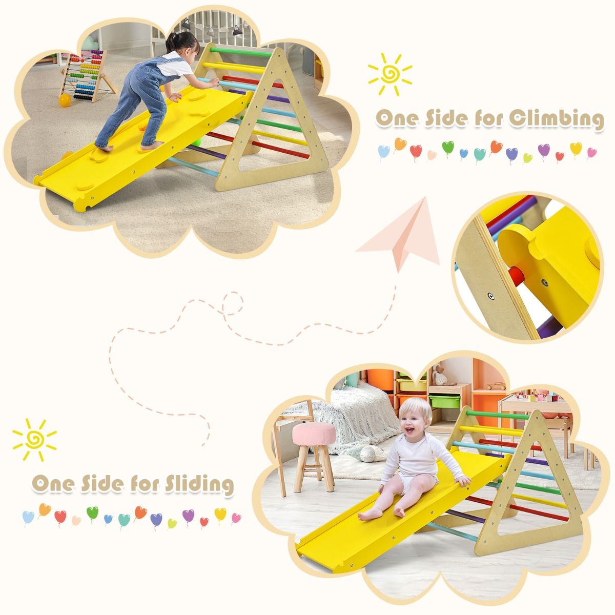 Coast 3-in-1 jouets d'escalade pour enfants - coloré - Grande échelle triangulaire 79.5x59.5x70 cm, Petite échelle triangulaire 59.5x51x45 cm, Rampe d'escalade 110x48x7.5 cm