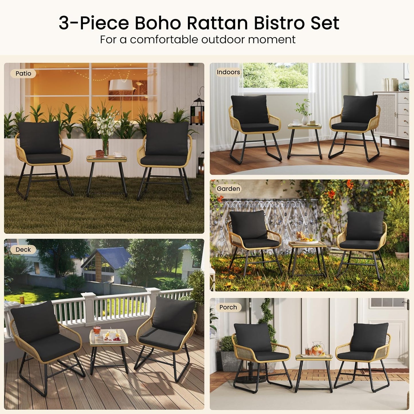 Ensemble de jardin Yaheetech 3 pièces style bistrot - Beige/Noir - Ensemble de jardin en rotin avec table en verre et 2 chaises