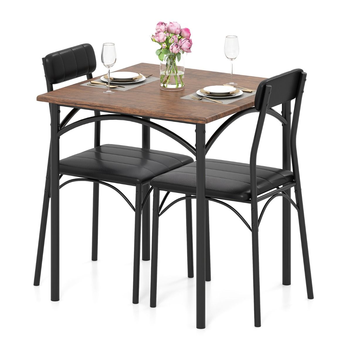 Ensemble de salle à manger Coast - table carrée avec 2 chaises - revêtement en simili cuir - noir et marron rustique