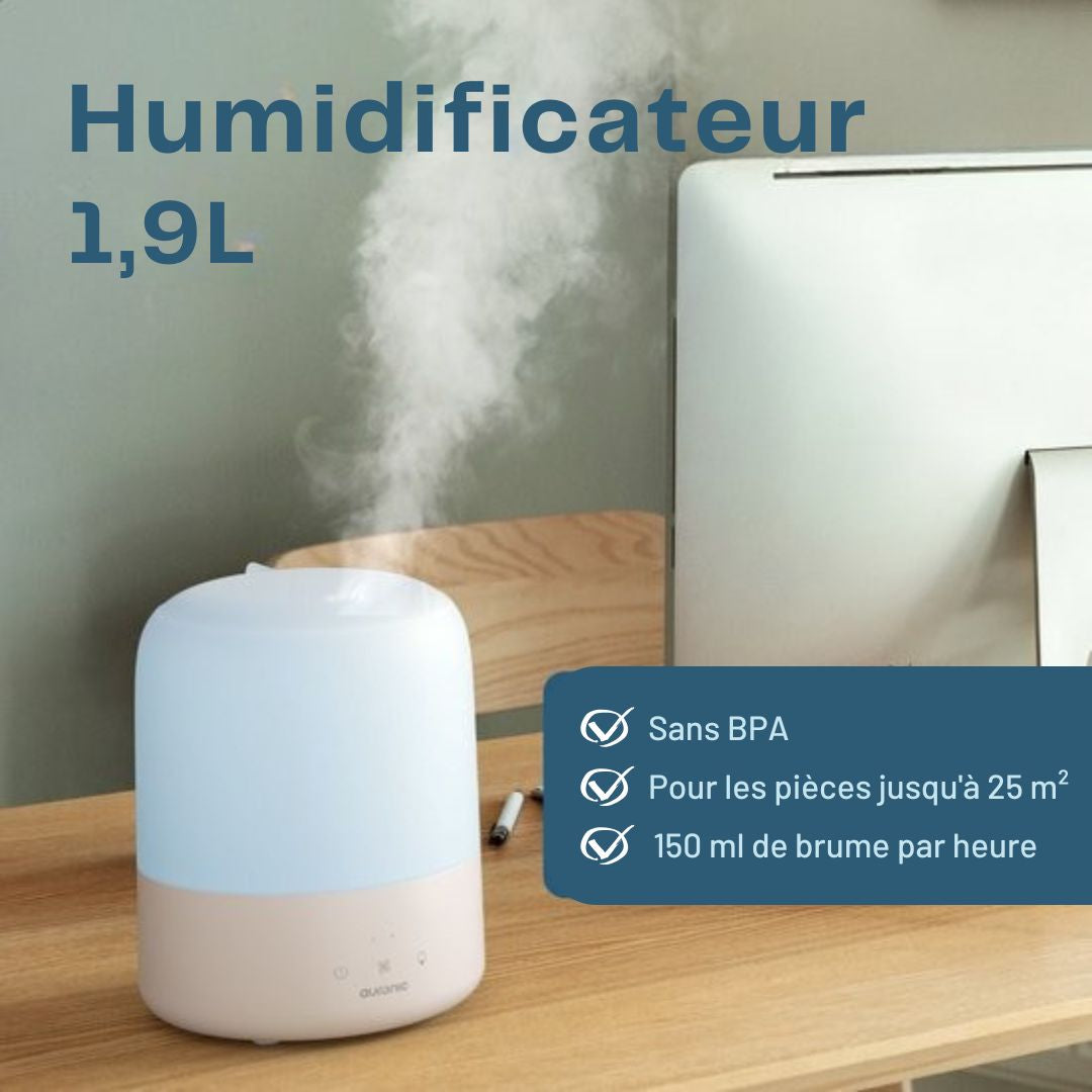 Humidificateur Auronic - 1.9L - Convient pour la chambre à coucher, la chambre de bébé, le bureau, le salon et plus encore - sans PBA - Blanc