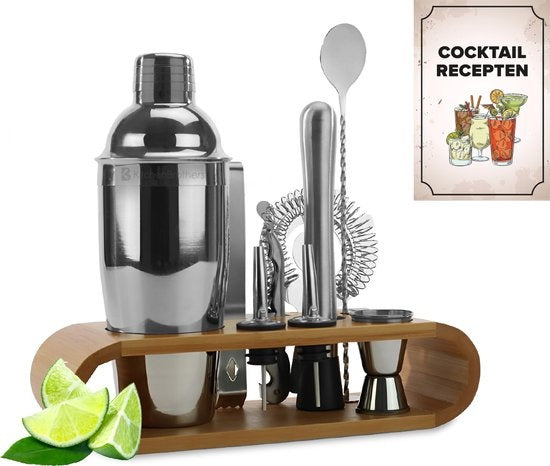 KitchenBrothers Set à cocktail avec shaker - 11 pièces - Set complet - Emballage cadeau - Bois naturel