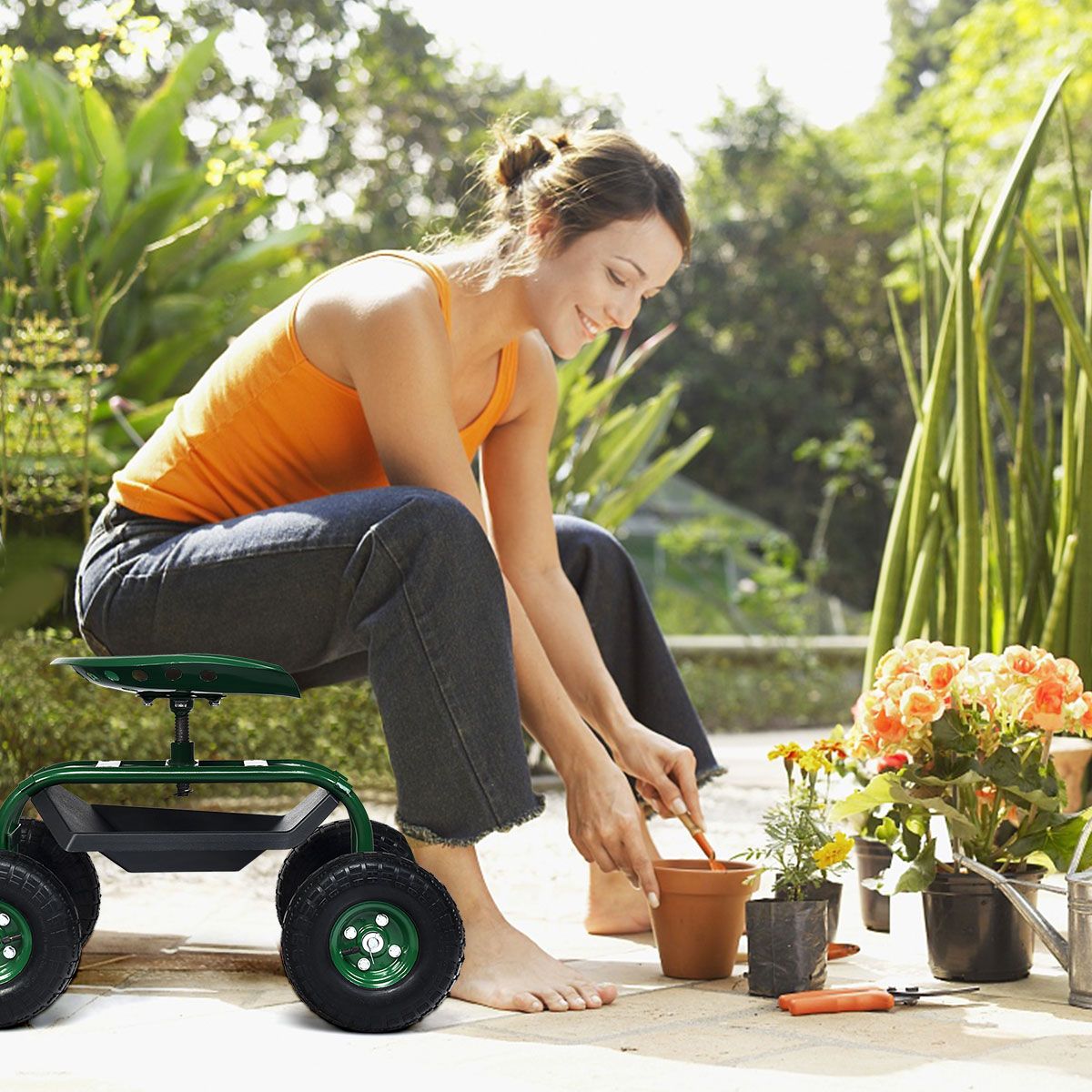 Chariot de jardin Coast avec poignée réglable - siège ergonomique - panier de rangement et bacs à outils - vert