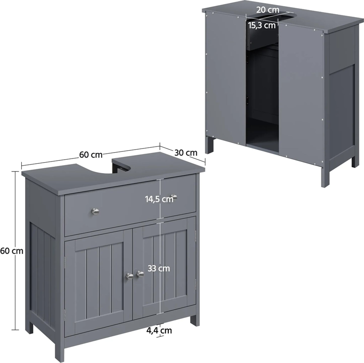 Yaheetech Meuble bas avec tiroir et deux compartiments - équipé d'une découpe pour siphon, d'un revêtement hydrofuge et de ferrures - pour salle de bains de style rustique - Mdf gris foncé et métal - 60 x 30 x 60 cm