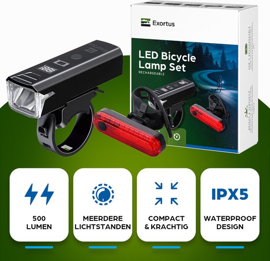 Kit d'éclairage LED rechargeable Exortus® pour vélo - Kit de feux de vélo blancs et rouges – Feux adaptés à tous les vélos (de course) - Indicateur de niveau de batterie - Résistants aux chutes et étanches - Avec mode capteur de lumière - Peuvent égalemen