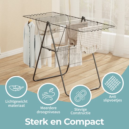 STAUS&BACH Étendoir à linge 20m - Robuste - Étendoir à linge pliable - vertical - Acier - Noir mat - Aeriq Compact