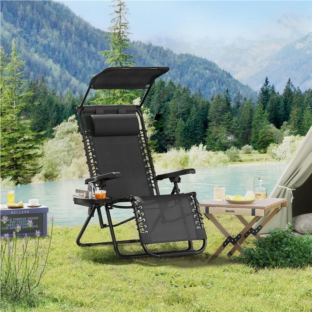Chaise longue Yaheetech Zero Gravity 166 x 64 x 70 cm - Toit pare-soleil - Coussin pour la nuque/porte-gobelet - Noir