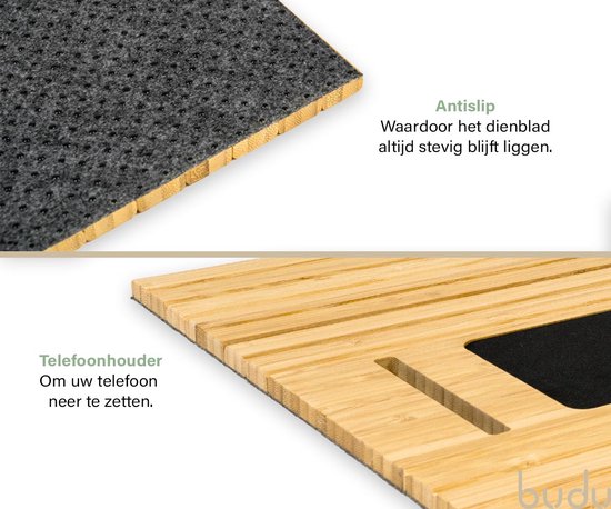 Budu Plateau d'accoudoir pour canapé - Flexible - Organisateur d'accoudoir - Bois de bambou - Antidérapant - Porte-téléphone