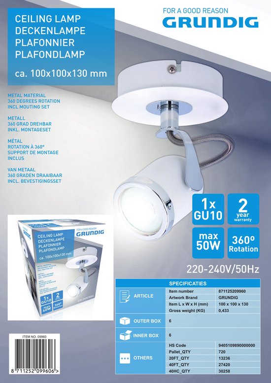 Spot lumière Grundig - orientable à 360° - Blanc