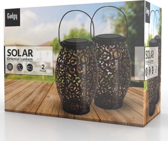 Gadgy Solar Oosterse Lantaarn - Tafellamp set van 2 – Solar Tuinverlichting op Zonneenergie – Led Buitenverlichting met Dag/Nacht Sensor - Hanglamp - Tuinlantaarn - 21.5 x Ø15CM - Brons - Metaal