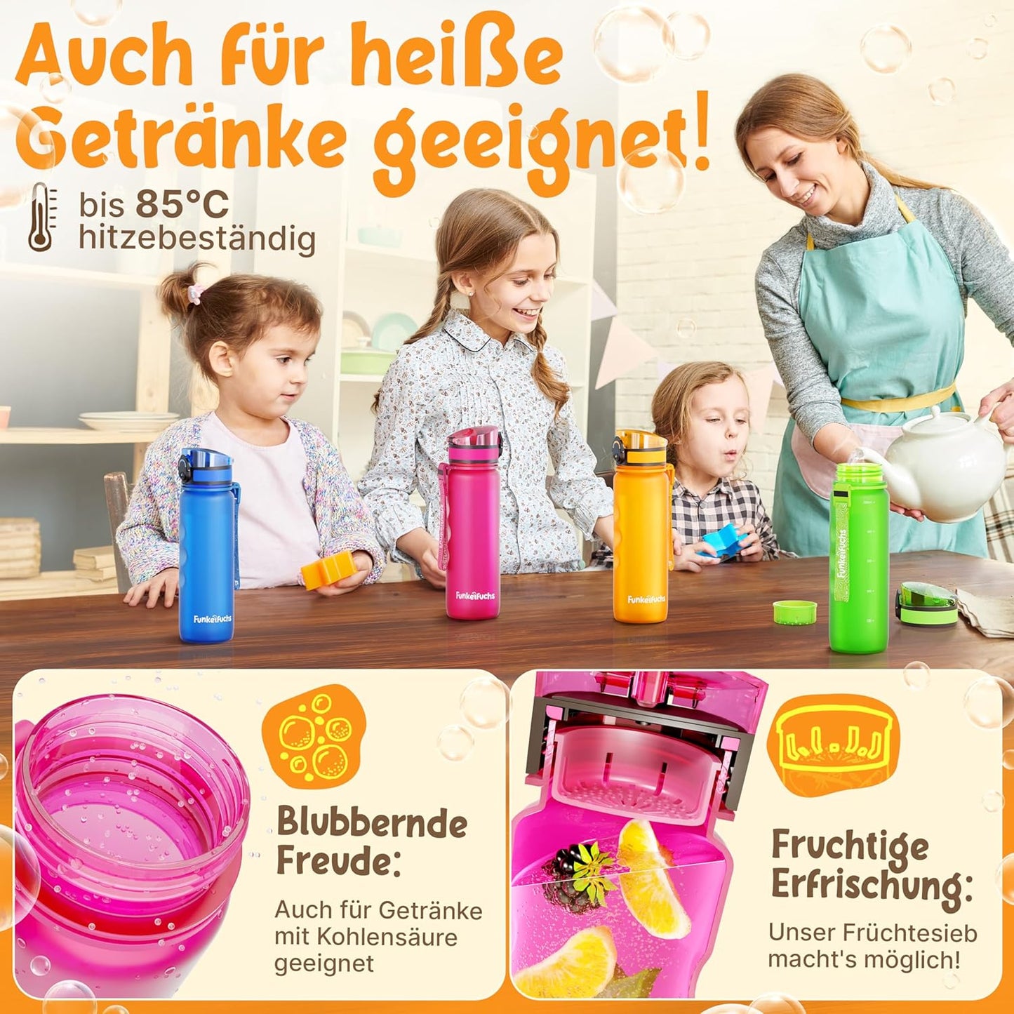 Funkelfuchs® gourde pour enfants - 500ml, rose - gazeuse - 100% étanche - bouteille d'eau lavable au lave-vaisselle - pour la maternelle, l'inscription à l'école, l'école, le sport