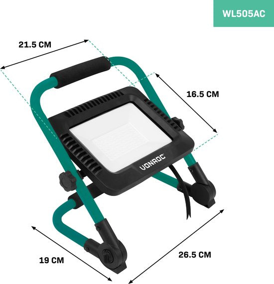 VONROC Lampe de travail à Led 50W - Pliable - Inclinable - Grand angle de rayonnement 120°.