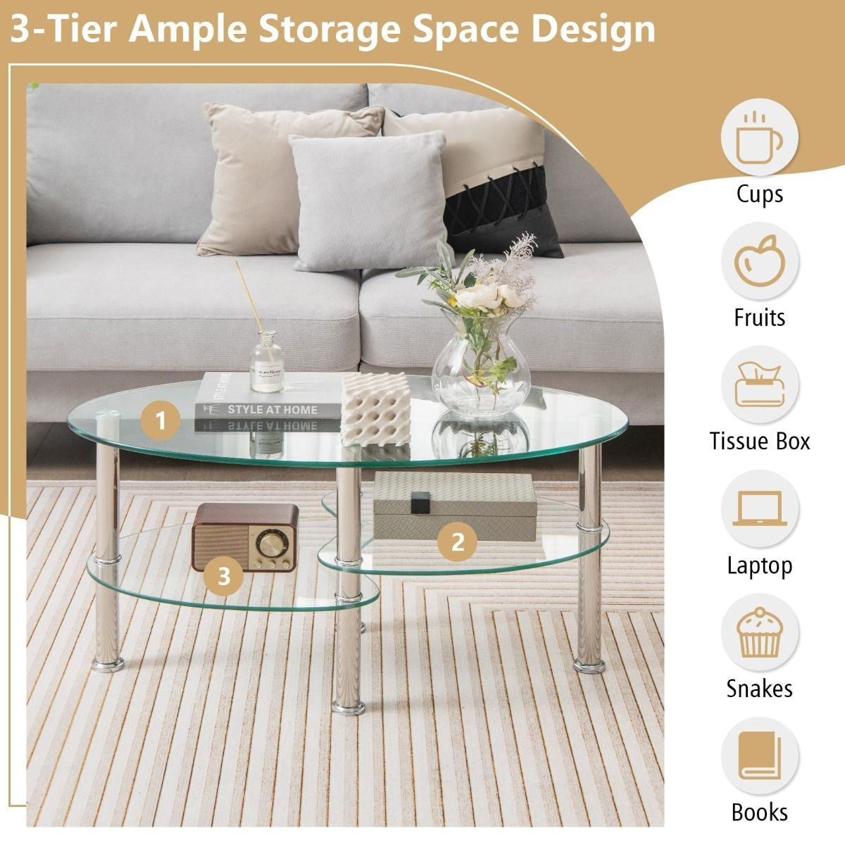 Table basse Coast - 3 couches - Verre trempé - Moderne - 89 x 50 x 45 cm - Blanc