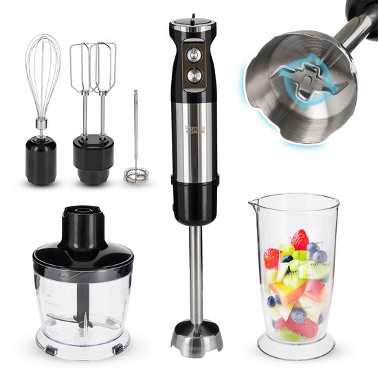 Goodforce 7 piece Hand blender set - Includes Chopper, whisk, milk moussether, beater & Measuring cup - powerful & dishwasher safe - 12 speeds + turbo function - 1000W - PFAS-free