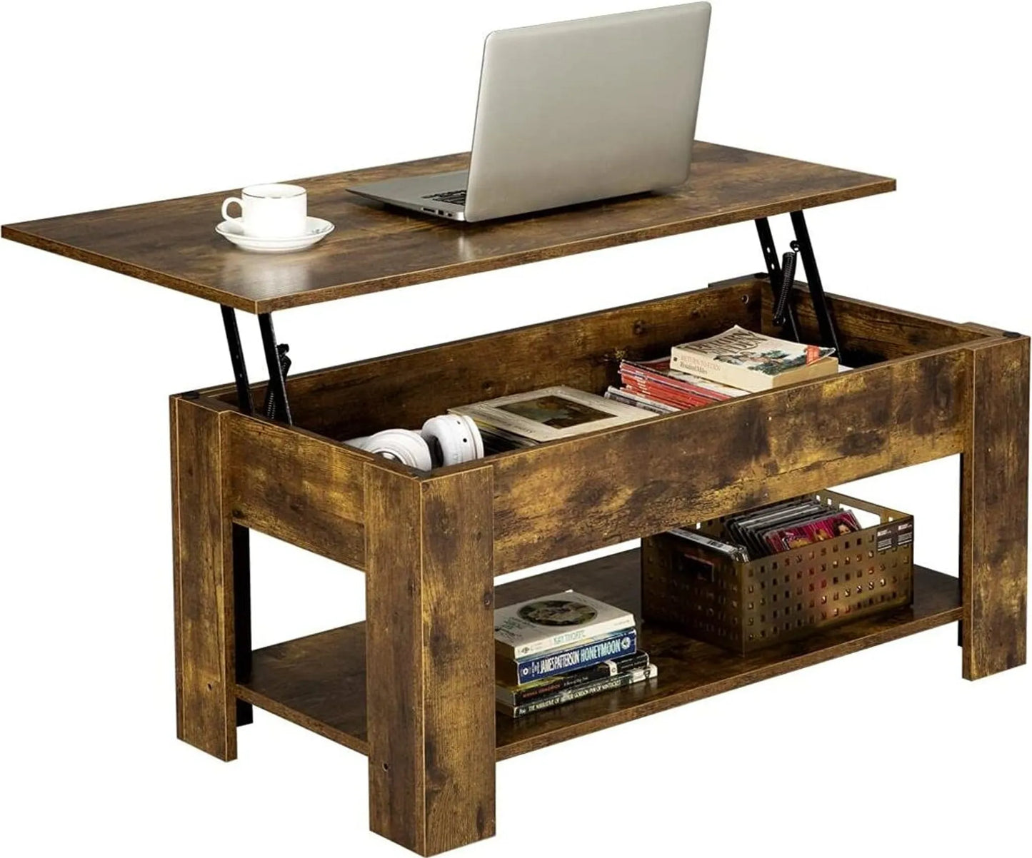 Yaheetech Table basse à plateau relevable - avec rangement caché, mécanisme en métal et étagère inférieure - pour salon et bureau - Mdf vintage brun-noir et métal - 98 x 50 x 41,8-55 cm
