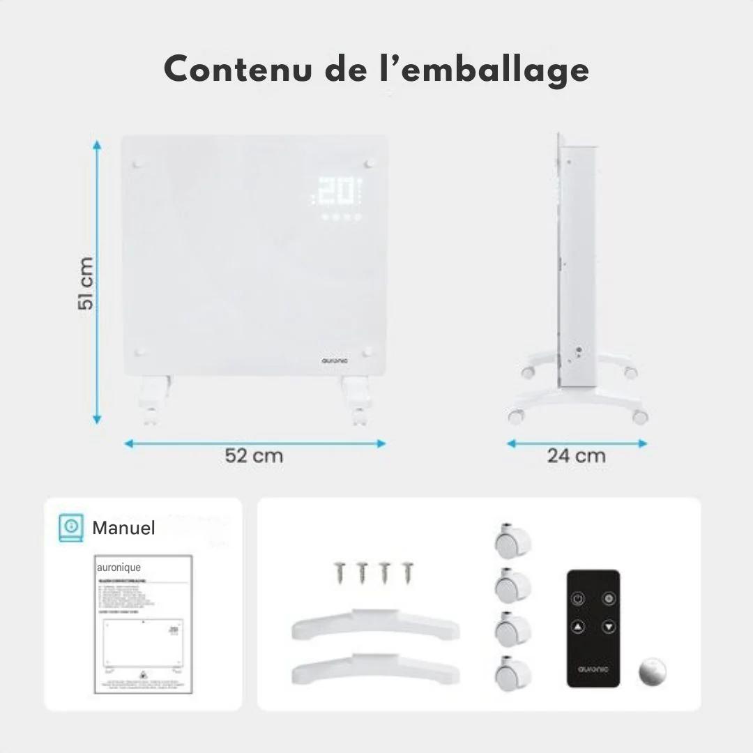 Chauffage électrique Auronic - convecteur avec thermostat et télécommande -  panneau en verre - 1000W - Blanc