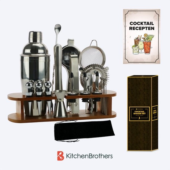 KitchenBrothers Set à cocktail avec shaker - 25 pièces - Set de luxe - Emballage cadeau - Marron clair/Bambou