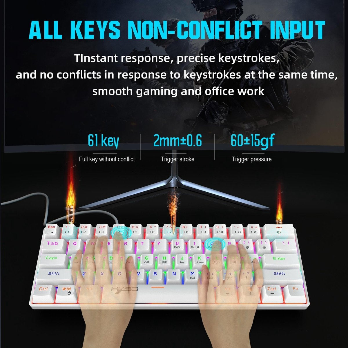 HXSJ V900 - Wired Mechanical Gaming Keyboard - RGB Lighting - Ergonomic - QWERTY - 61 Keys - Blue Switch - White