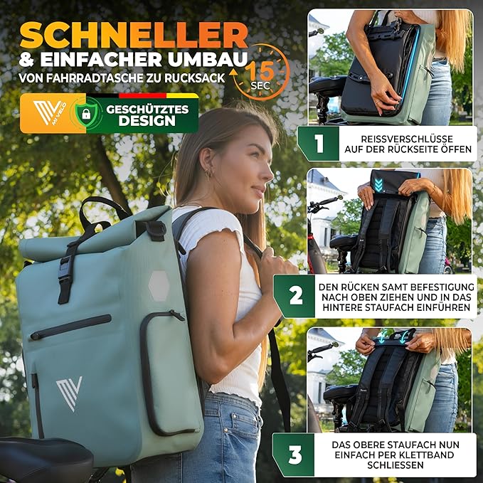 MIVELO - Sac à dos - Sac à dos et sac à bandoulière 3-en-1 - TPU étanche - 25 litres - Menthe