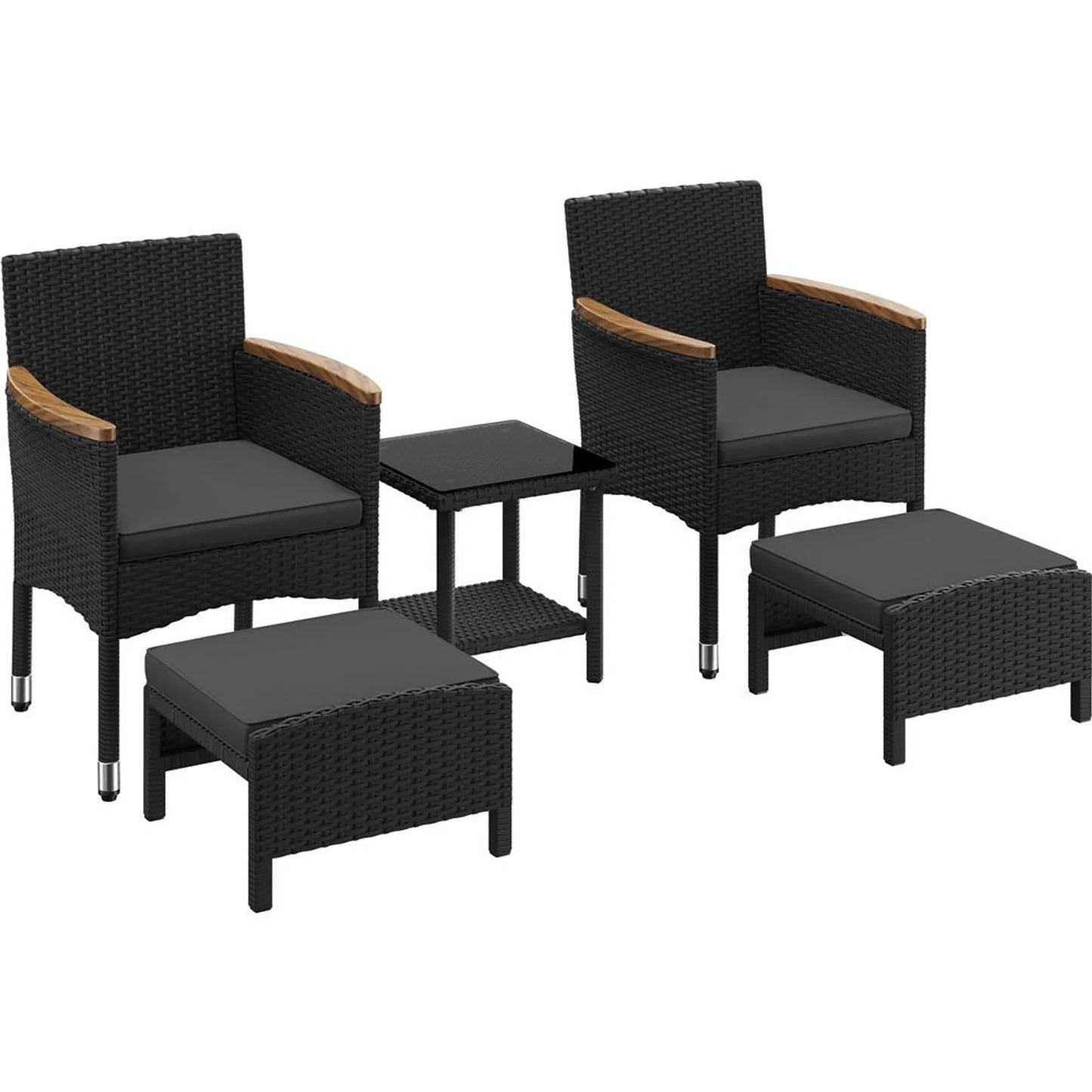 Yaheetech Lounge Set 5-Piece - Comprend deux chaises avec accoudoirs en bois d'acacia, deux ottomans et une table basse en verre trempé - Pour le jardin et le balcon - Métal noir et gris en rotin et bois d'acacia - 62.5 x 60.5 x 84 cm
