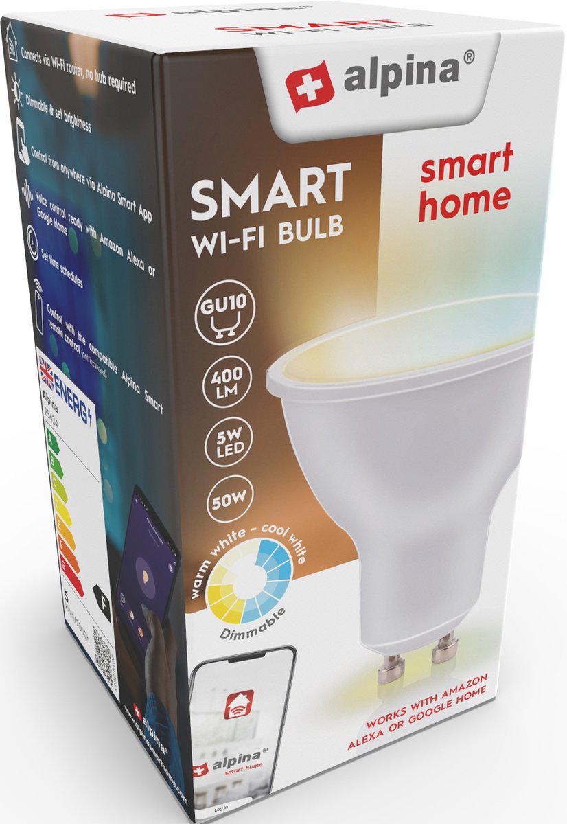 Alpina Smart Home LED Lamp - GU10 - 5W - 470lm - Blanc chaud et froid - Dimmable - App & Voice Control - Fonctionne avec Alexa & Google Home
