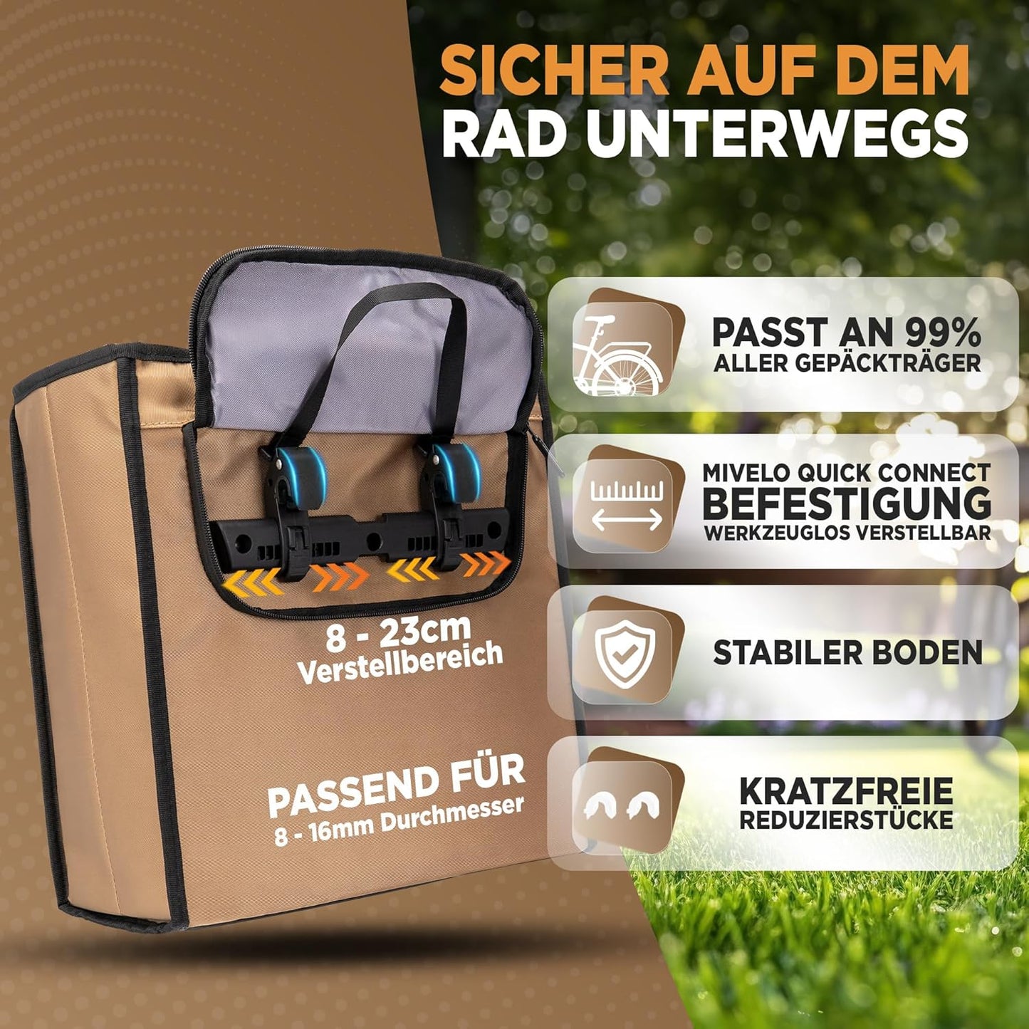 MIVELO - Sac à vélo pour les courses - Capacité de 25 litres et sac réfrigérant amovible - Polyester - Beige