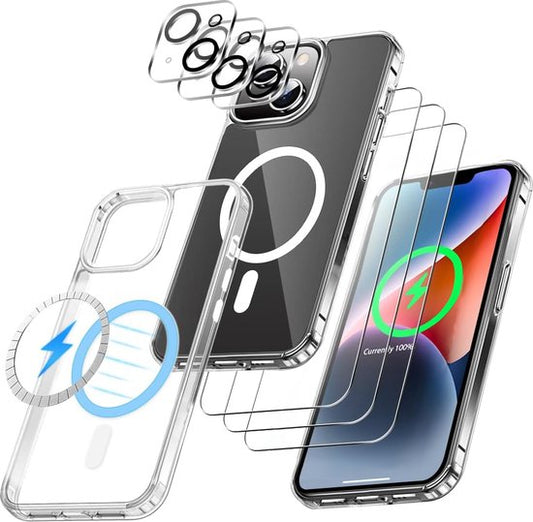 Podec Magsafe Case Suitable for iPhone 14 - Bundle with 3x Screen Protector + 3x Camera Protector - Magnetic with Ring Translucent - Phone Case Transparent Magsafe Case - Translucent