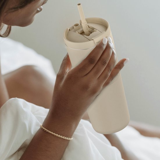 ONYX Bouteille à boire avec paille 700ML - Bouteille d'eau pour enfants et adultes - Tasse thermos - Tasse de voyage - Boire pour la motivation - Tasse à boire pour l'école - Beige