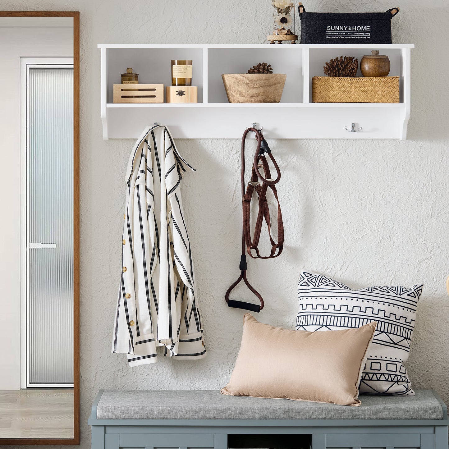 SoBuy Porte-manteaux mural - avec 3 compartiments et crochets - max 21 kg - 100 x 20 x 30 cm - blanc