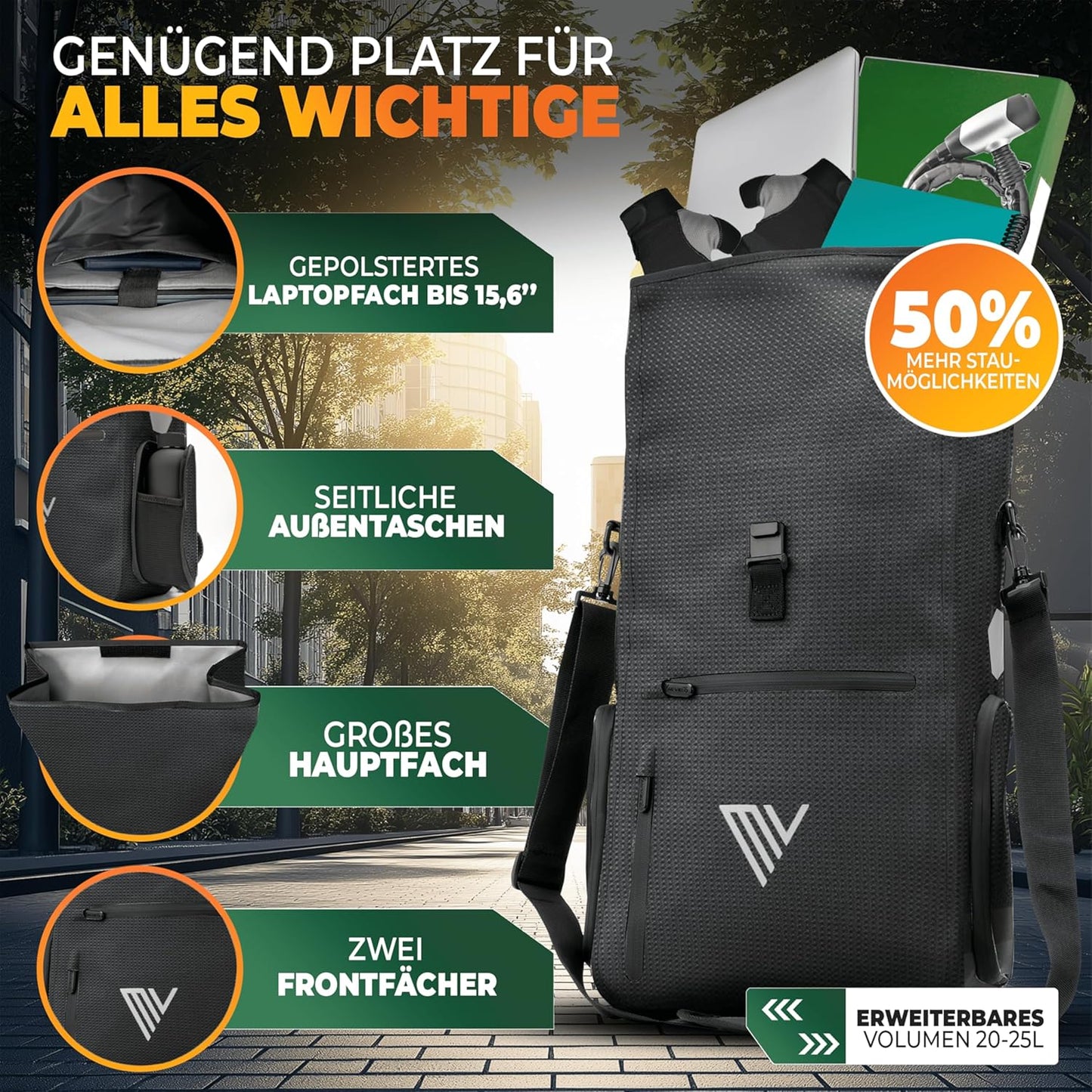 MIVELO 3-in-1 sacoche, sac à dos et sac à bandoulière étanches - 25L, noir réfléchissant - avec compartiment pour ordinateur portable et fonction de conversion rapide