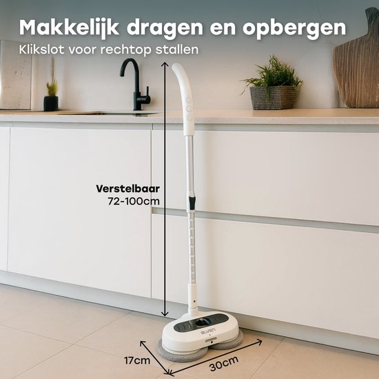 Ølven Balai à franges électrique - sans fil - nettoyeur de sols - fonction spray - éclairage LED - 50W - réglable - blanc