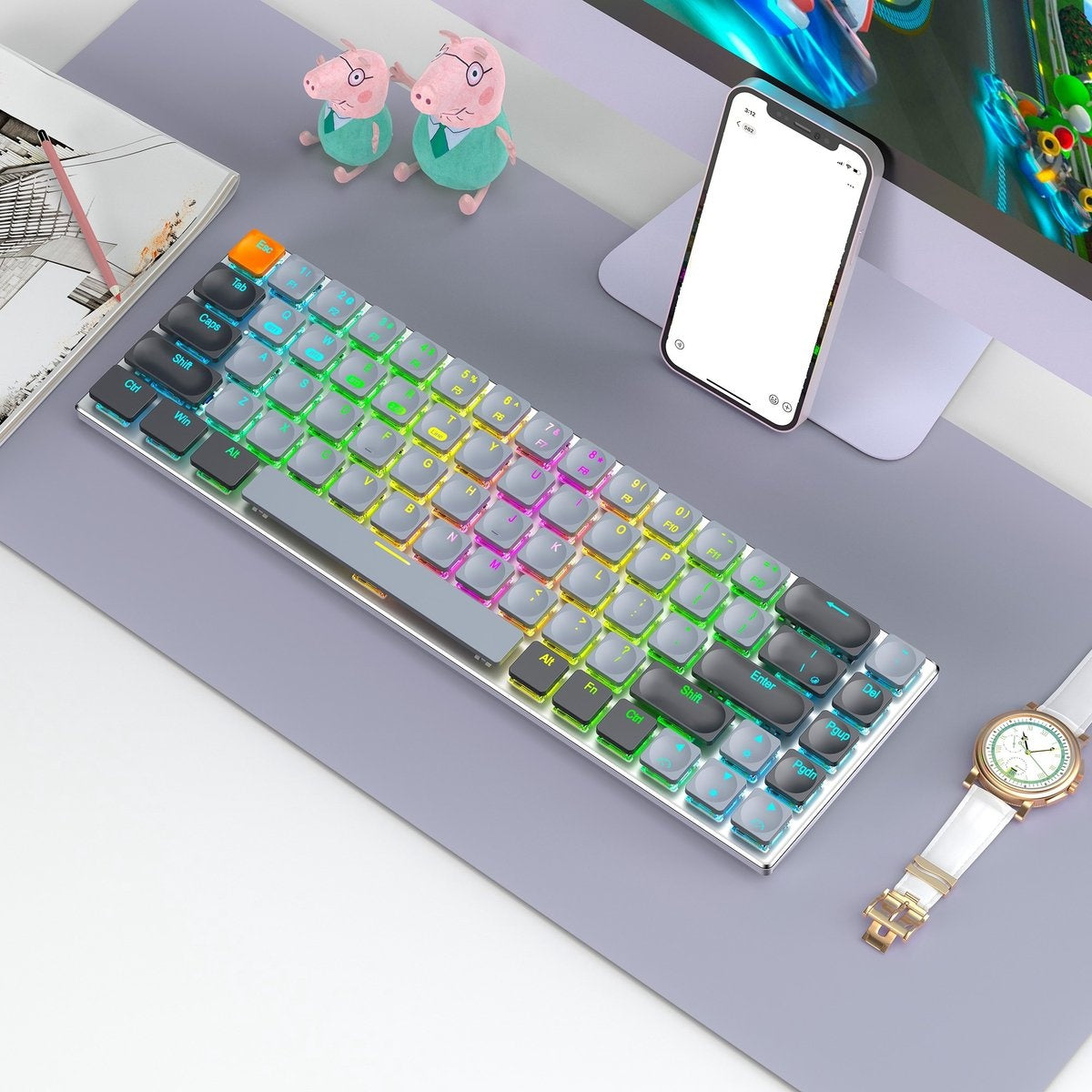 XINMENG RF-68MINI Wireless Mechanical Keyboard - 68Keys - Bluetooth/2.4G/Line 3modes - Low Blue Switch - RGB LIGHT - Windows/Mac - QWERTY - Léger et portable