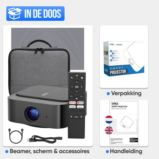 Strex Smart Beamer WiFi - Mini-projecteur avec applications (WhaleOS) - Projecteur Full HD 1080p - Compatible 4K - Bluetooth et haut-parleurs intégrés - Sac de rangement et écran de projection inclus