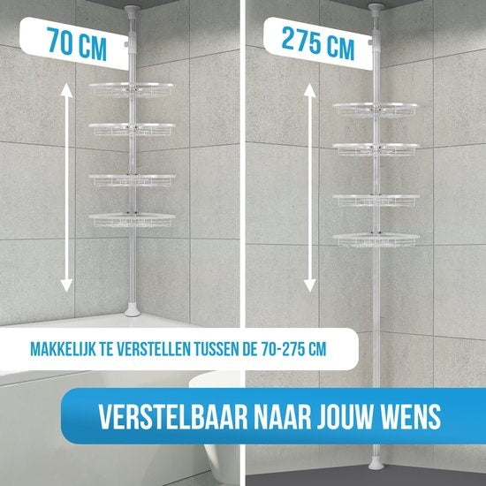 Porte-douche télescopique Strex en acier inoxydable - réglable 70-275 cm - 4 paniers - qualité robuste - fixation sans perçage ni vis - Porte-douche télescopique d'angle