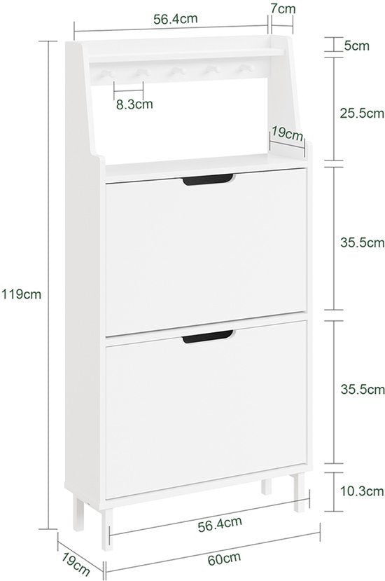 Armoire à chaussures SoBuy, extra-plate 19 cm - rangement jusqu'à la pointure 47 - avec crochets et étagère ouverte, pour petits logements, couloir, entrée - blanche, 60 x 19 x 119 cm, FSR221-W