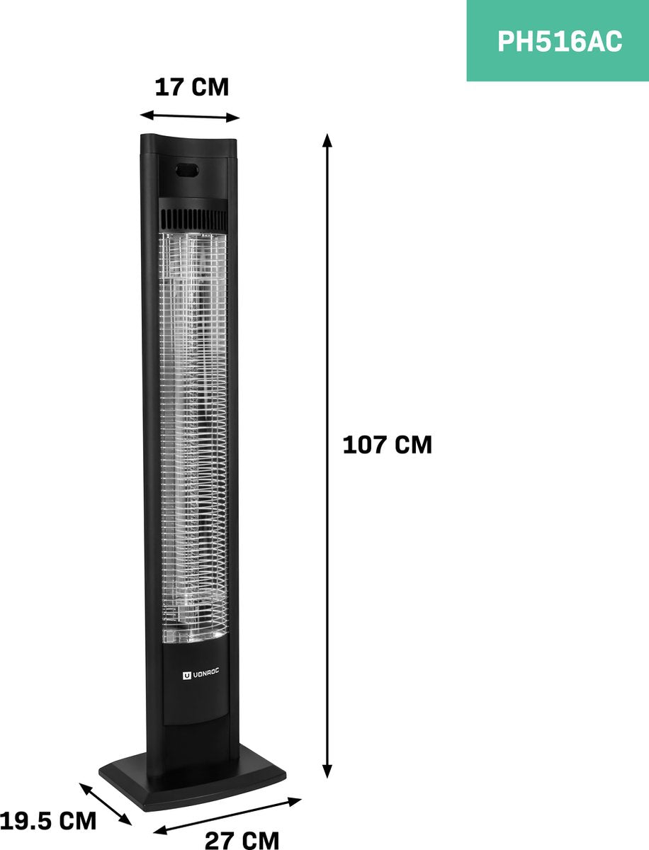 VONROC Chauffe-terrasse Filicudi - Infrarouge - 2000W - Haute efficacité - Elément en carbone - 2 modes de chauffage - Ecran LCD - Télécommande incluse