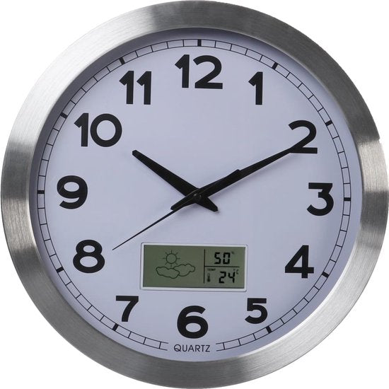 Perel Horloge murale, ronde, analogique, 35 cm, écran LCD avec thermomètre, hygromètre et prévisions météorologiques, aluminium, argent
