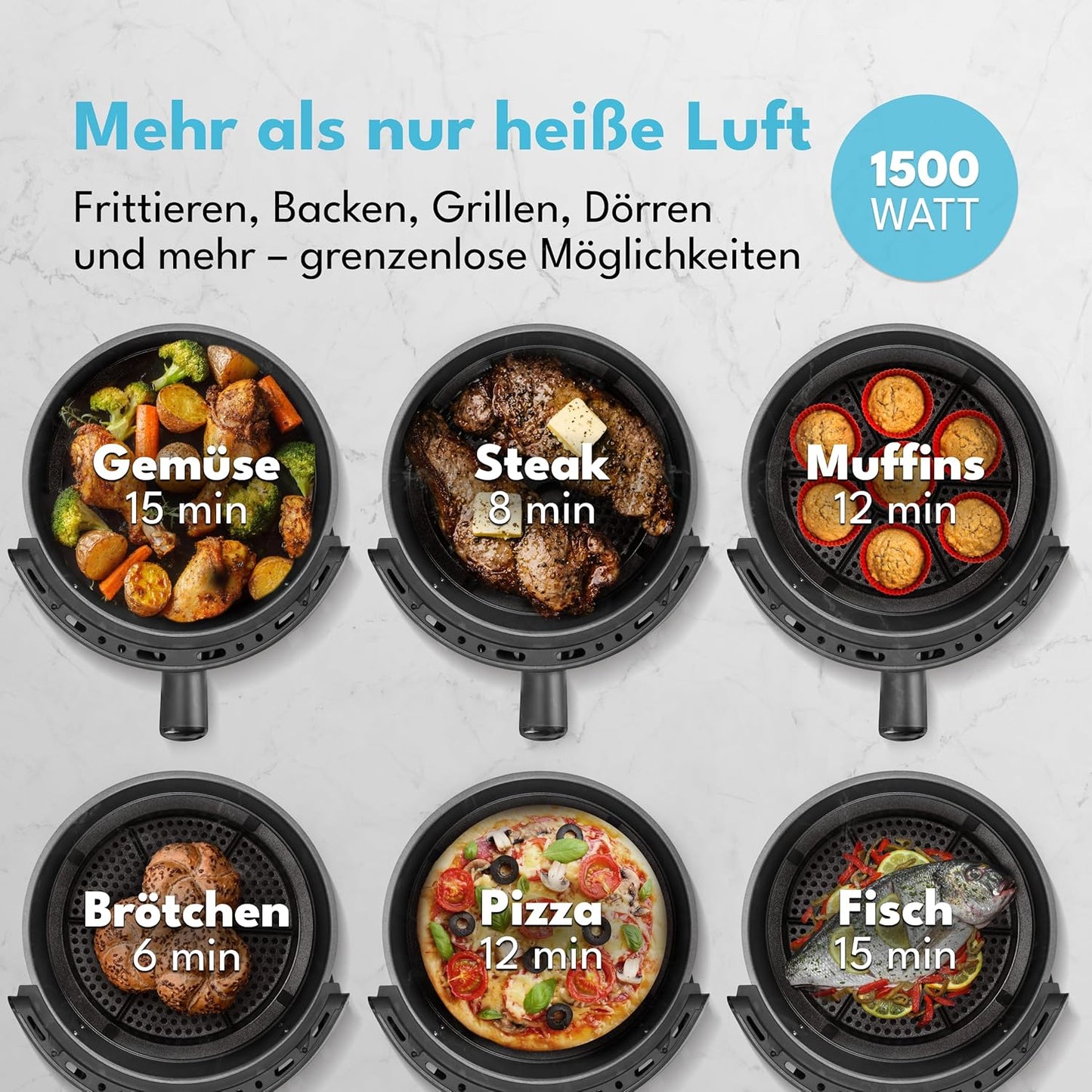 LEBENLANG Airfryer 5L & 1500W - 8 Programmes - Livre de recettes inclus - 45 x 30 x 27 cm - Noir