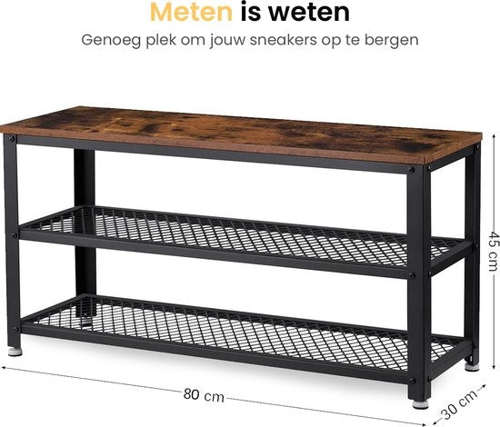 Goliving Rangement de chaussures - Banc de chaussures - Banc d'entrée - Industriel - 30 x 80 x 45 cm - Métal - Bois brun