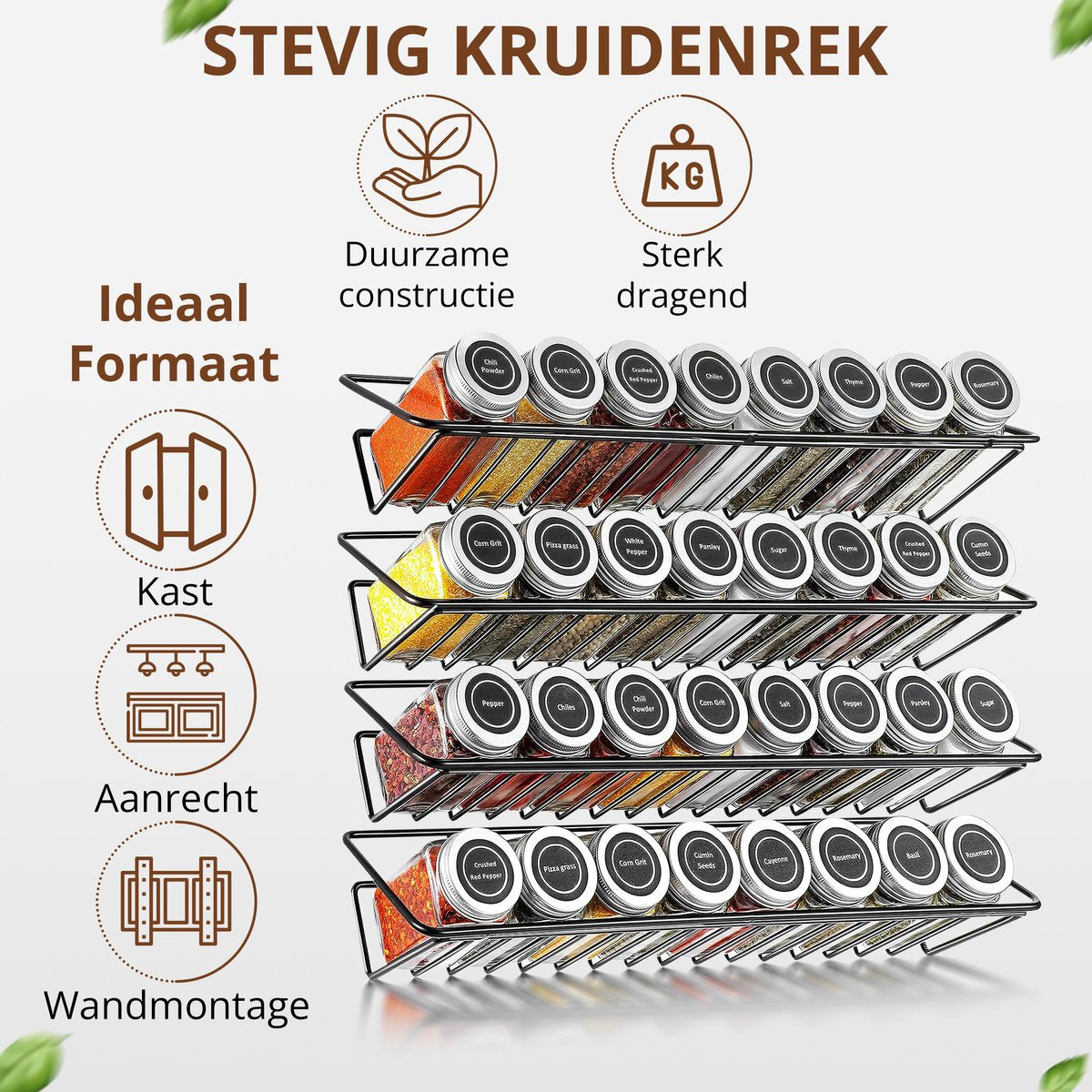 SV Living Support à épices noir 37,3x11,9x6 cm - 32 pots à épices en verre avec accessoires - à suspendre avec ou sans perceuse
