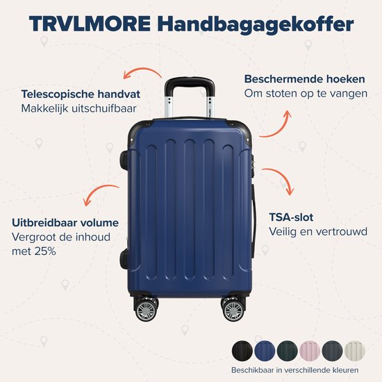 TRVLMORE Valise à main - 45L - Serrure TSA - Léger - Extensible - Trolley - 54x36x22cm - Bleu foncé