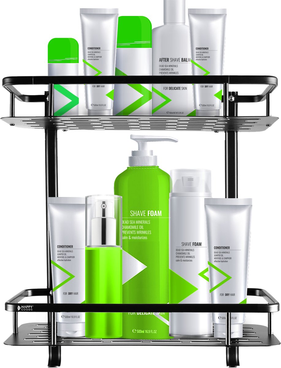 Happy Goods® Support de douche - 2 couches - sans perçage - acier inoxydable - auto-adhésif - capacité de charge de 20 kg - support de salle de bain noir