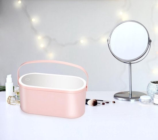 Touch Of Beauty Make Up Organiser avec miroir LED - Travel Beautycase - 24.1 x 10.4 x 11.7CM - Lumière LED ajustable - Câble de chargement USB inclus - Plastique - Rose