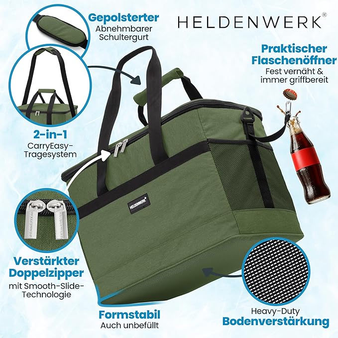 HELDENWERK Grand sac isotherme pliable - Glacière avec capacité de refroidissement jusqu'à 12 heures, étanche et imperméable - Sac thermique, sac à pique-nique, sac à lunch, sac isotherme avec 7 compartiments - fond renforcé - Vert olive