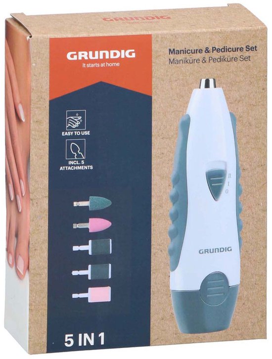 Kit de manucure électrique Grundig 5-en-1 - Kit de manucure pour les mains et les pieds - Appareils de pédicure électriques avec 5 embouts - Kit compact pour la maison et les voyages