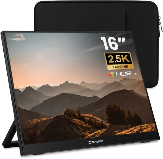 Remodius® Moniteur portable 16 pouces + housse - Moniteur portable ultrafin 2,5K - Ensemble d'affichage de voyage avec housse protectrice - USB-C & Mini HDMI - Écran IPS, HDR, Kickstand intégré - Pour ordinateur portable, Mac et Smartphone.