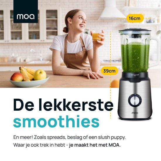 MOA - Mixeur puissant - Avec pot en verre - 1,5 litre - 1000 Watt - TB61 - Acier inoxydable