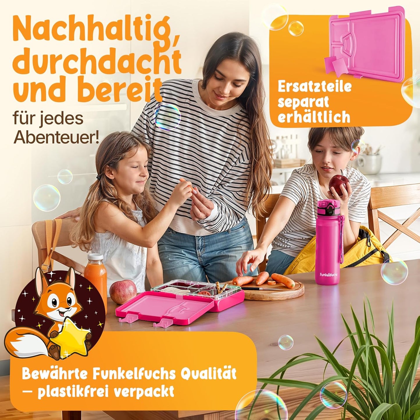 Funkelfuchs® - Lunchbox pour enfants avec compartiments - 800ml, rose - Lunchbox moonlight, large - Boîte à snacks, boîte à snacks, boîte à lunch, boîte à repas, boîte à bento pour enfants - pour l'école, la garderie et le jardin d'enfants