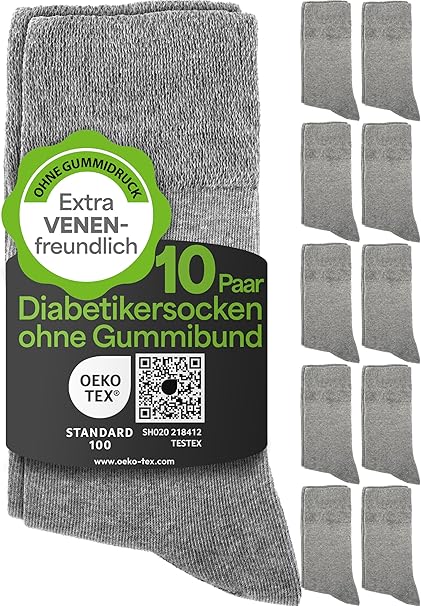 HELDENWERK Chaussettes diabétiques pour hommes et femmes, 10 paires, chaussettes diabétiques sans élastique et sans couture en 97% coton, chaussettes de santé extra larges avec bande confortable - Taille 39-42 - Gris