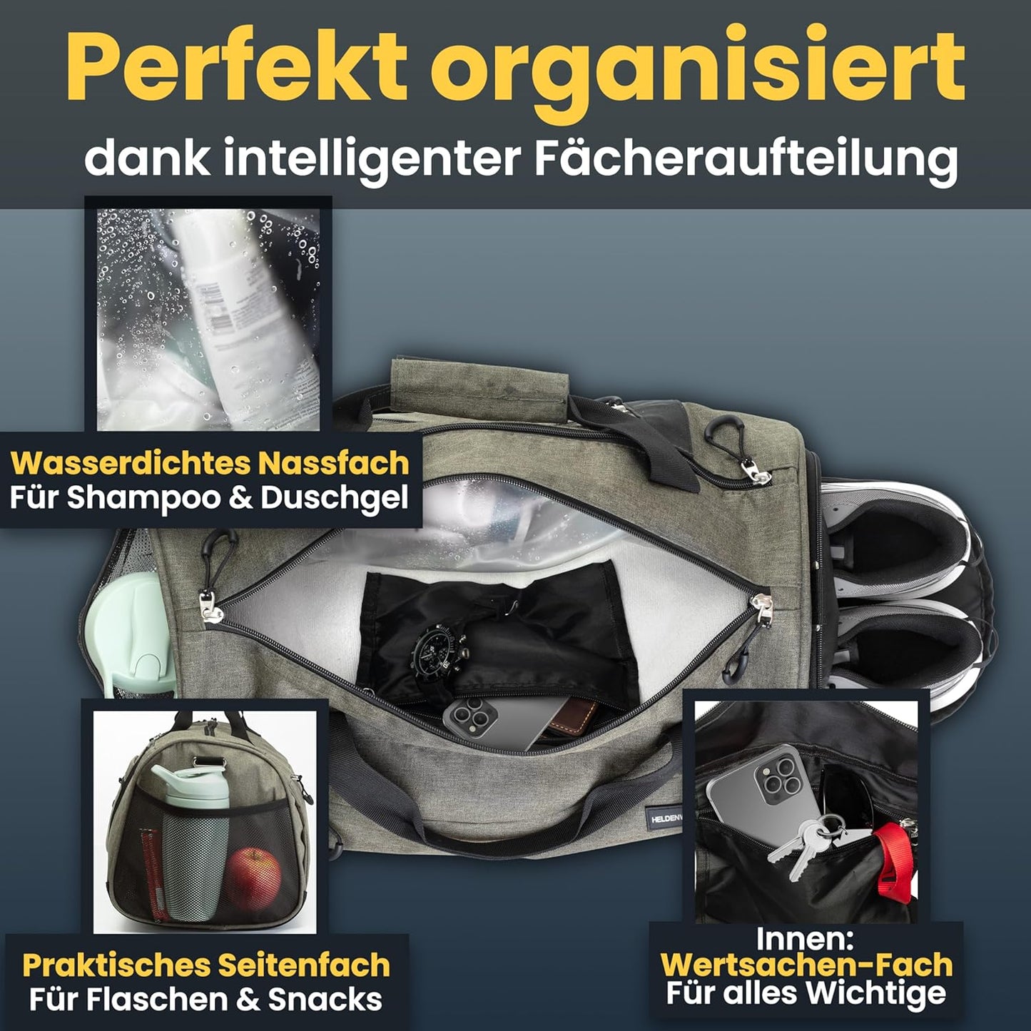 Herowerk Sac de sport avec compartiment à chaussures et compartiment humide - sac d'entraînement pour femmes et hommes - 48x26x25 cm - 30L - Vert