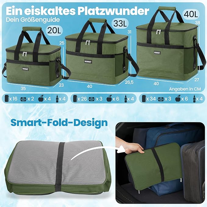 HELDENWERK Grand sac isotherme pliable - Glacière avec capacité de refroidissement jusqu'à 12 heures, étanche et imperméable - Sac thermique, sac à pique-nique, sac à lunch, sac isotherme avec 7 compartiments - fond renforcé - Vert olive